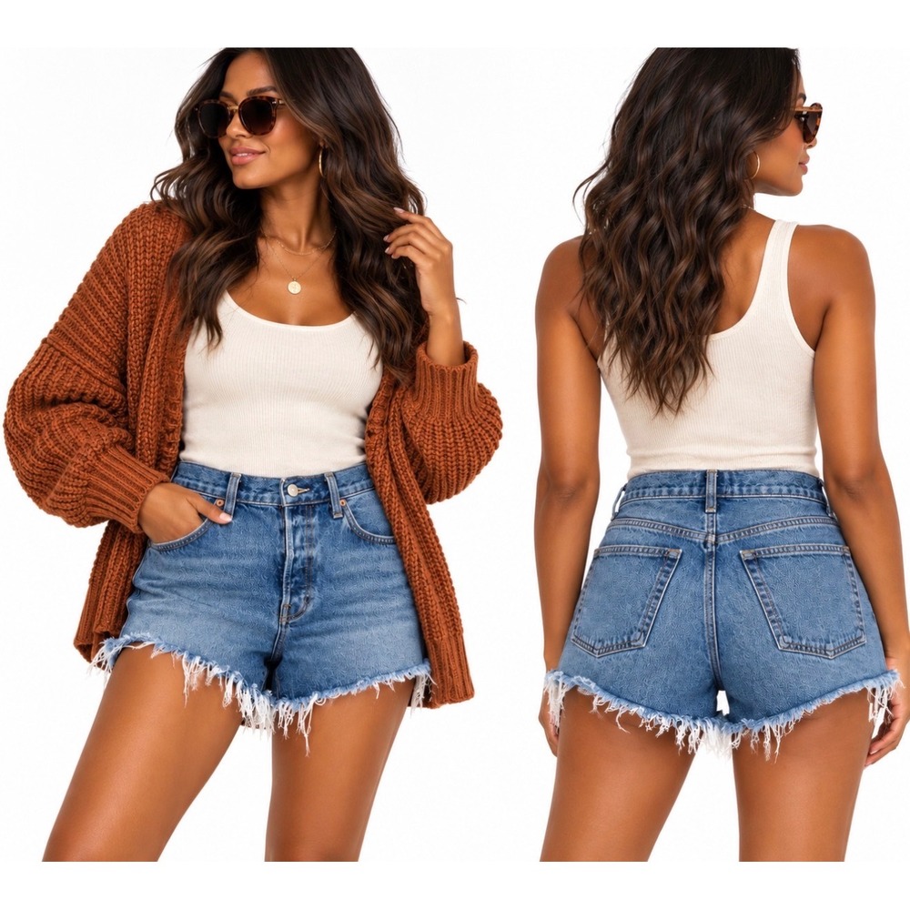AGOLDE Parker Long High Rise Denim Shorts Womens Size 30 Blue Raw Hem Boho